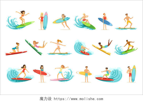 不同姿势冲浪的男性矢量插图